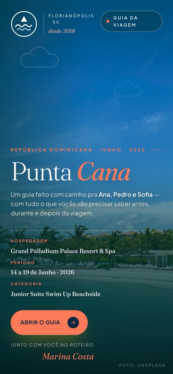 Capa de um guia gerado pelo MeuGuia: Punta Cana, com a marca da Maré Alta Viagens, agência fictícia da demo